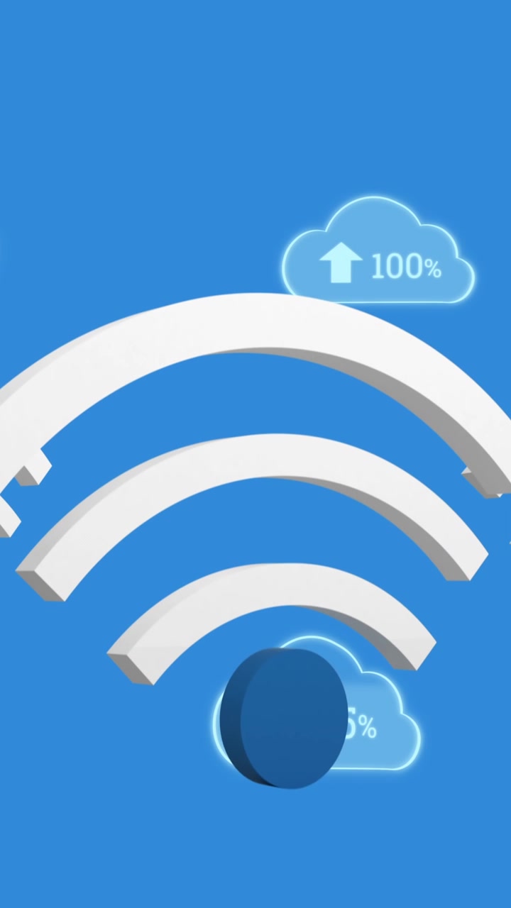 Animazione di icone Wi-Fi e nuvole digitali con percentuale crescente su sfondo blu.