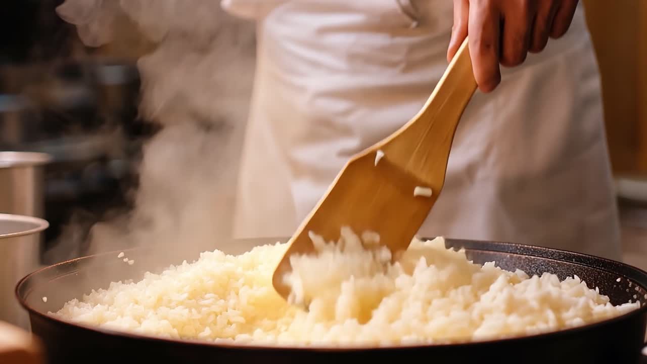Cooking rice with a wooden spoon