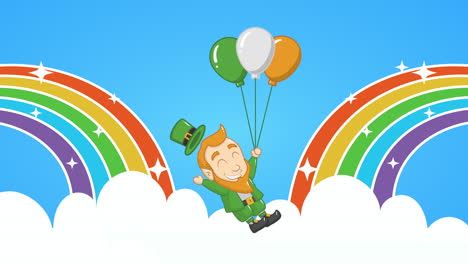 tarjeta animada del día de san patricio con elfos y globos de helio en el arco iris