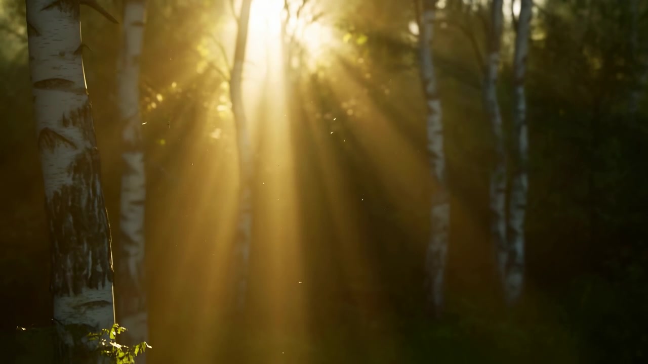 Raios de luz dourada quente passam por troncos de árvores altas em um bosque tranquilo, criando uma atmosfera nebulosa com sombras suaves, folhagem brilhante e uma cena pacífica.