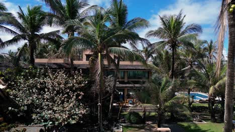 a dolly-out shot starts at a beach house with palm trees and gradually reveals the expansive ocean stretching to the horizon, blending tropical serenity with the vast sea.