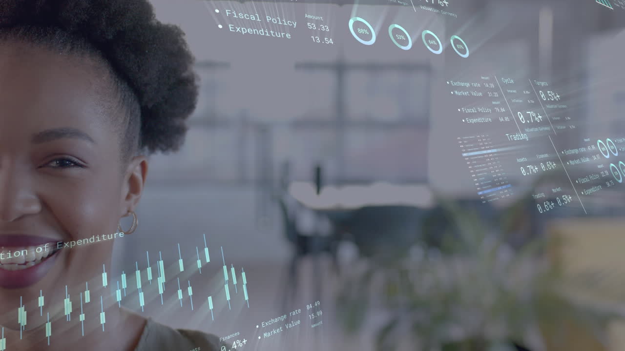 Animation of financial data processing over african american businesswoman in office