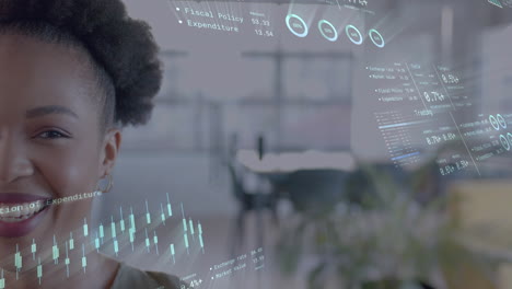 animación del procesamiento de datos financieros sobre una mujer de negocios afroamericana en la oficina