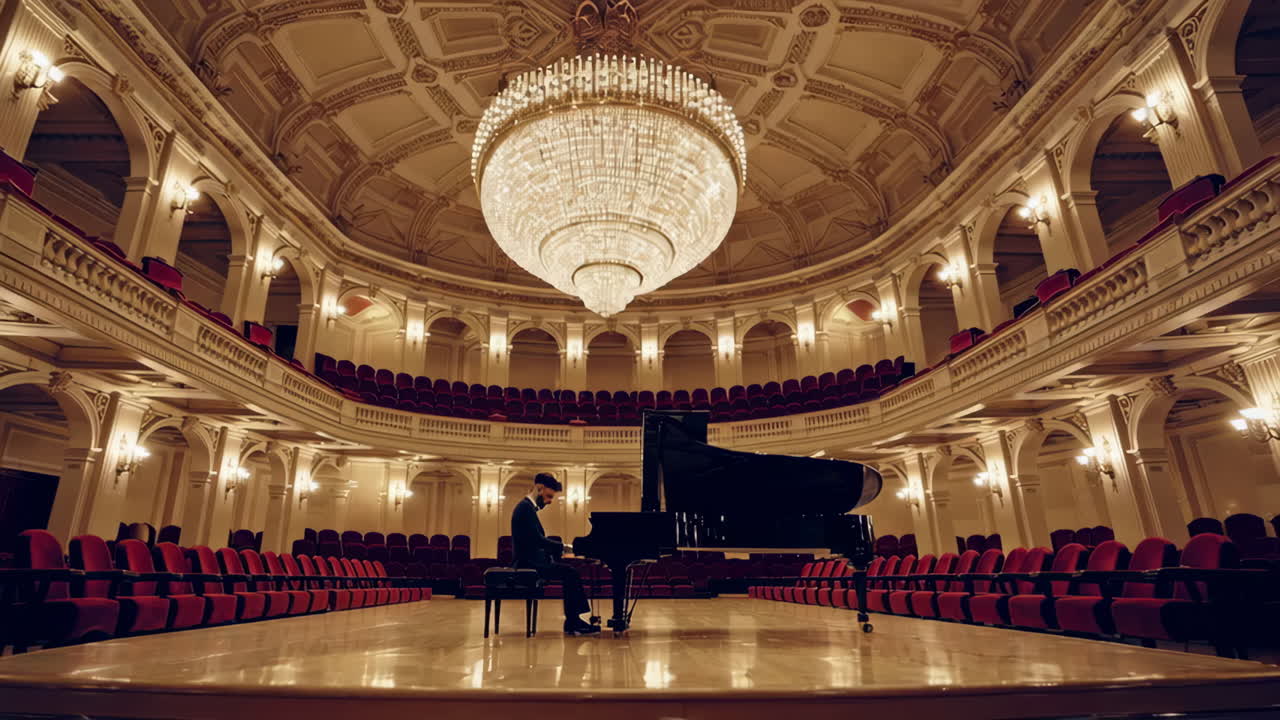 PianistIn, die in einem großen Konzertsaal auftritt