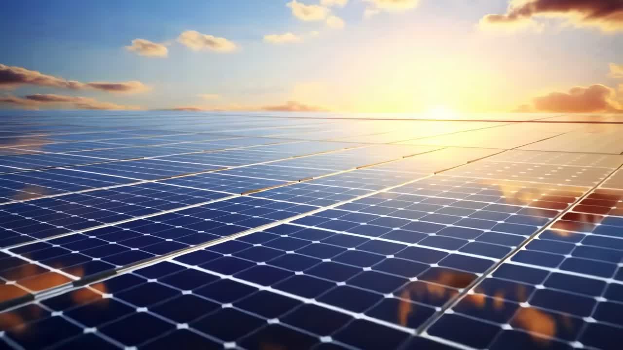 Low-angle video shot of solar panels reflecting a vibrant sunset, emphasizing renewable energy