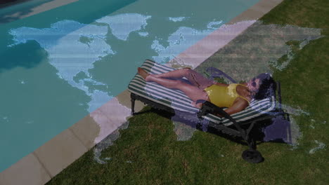 person relaxing on poolside lounger with world map animation overlay