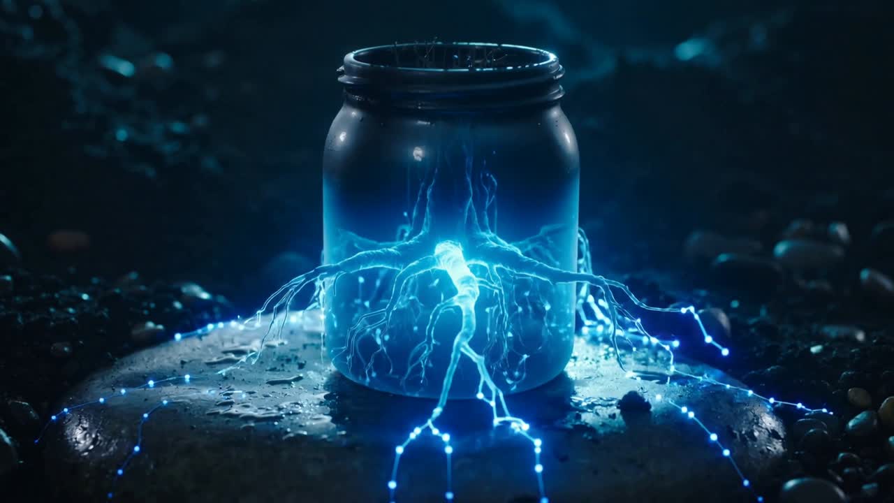 Starting blue spark, glass jar emitting tendrils across stone base, lighting wet pebbles