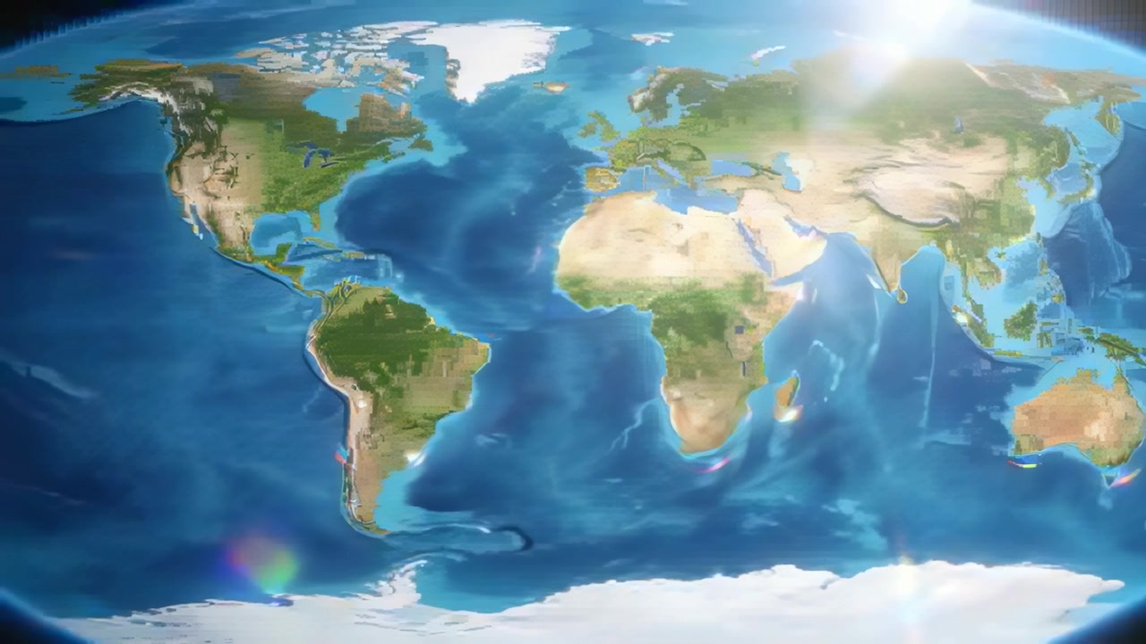 Mappa del mondo in movimento che mostra il bagliore del sole che crea riflessi a lente arcobaleno vicino agli oceani meridionali, scintillante.