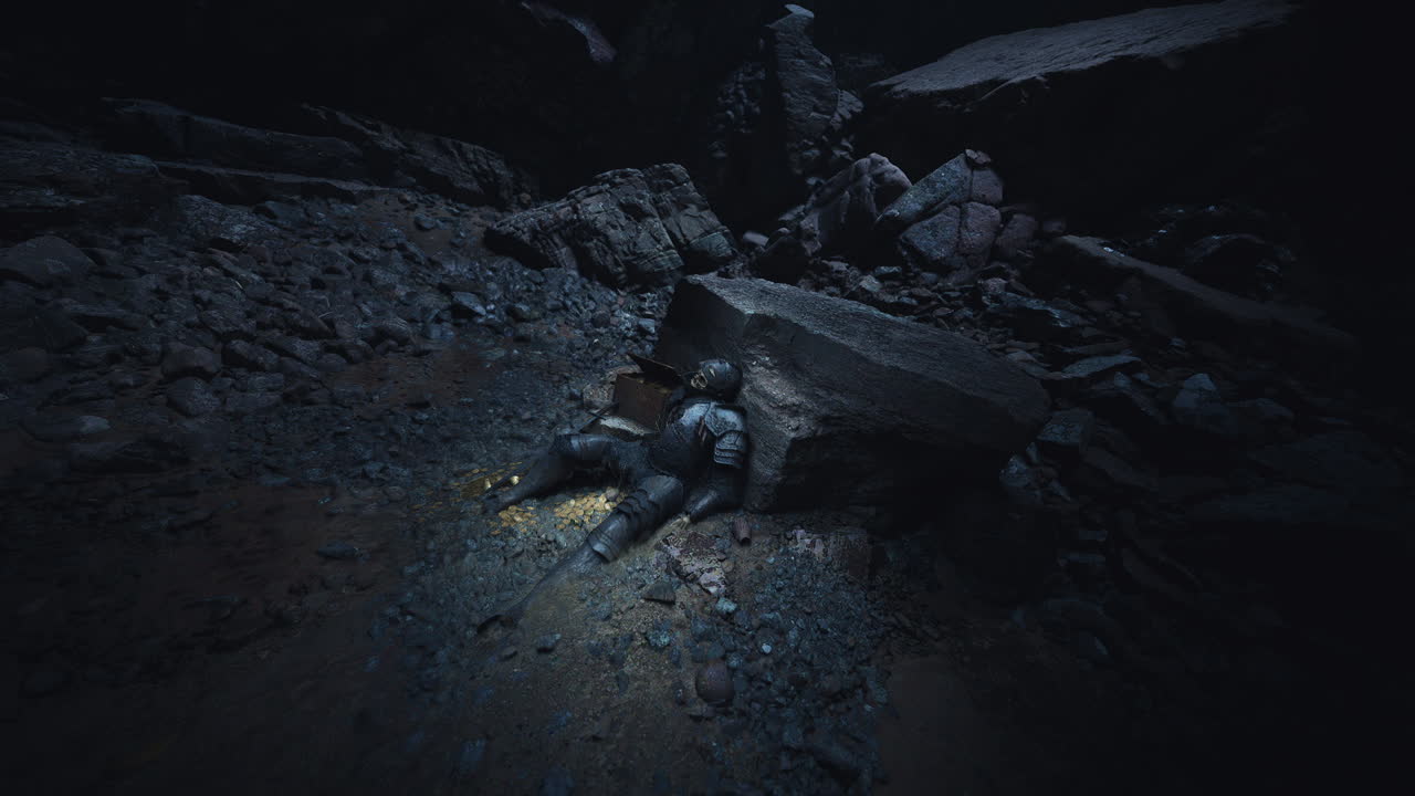 Decayed knight rests in shadowy cave surrounded by ancient stone
