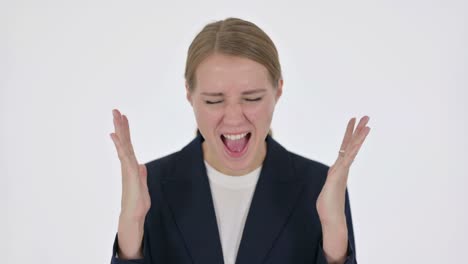 young businesswoman shouting, screaming on white background