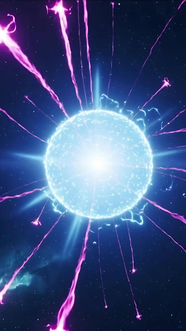 Video verticale: Volute magenta incandescenti che accendono una sfera blu che emette scintille, sparando getti tra le stelle, con una corona in carica.