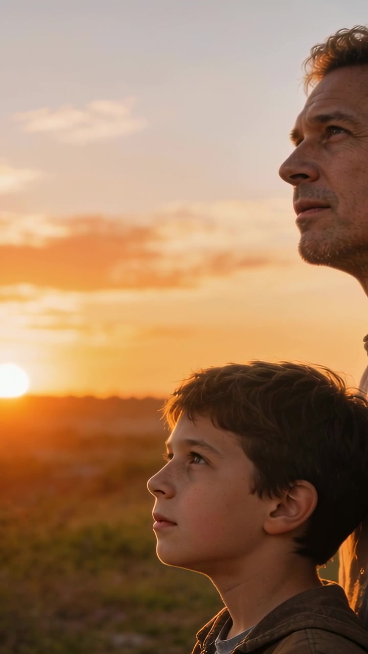 Vídeo vertical: Pai e filho olhando, de jaqueta e moletom com capuz, com o sol se pondo sobre o campo, com espaço para texto.