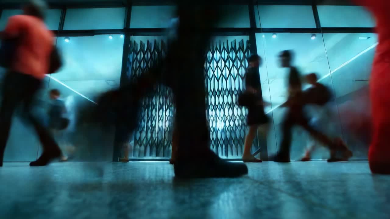 A Dynamic Scene of Urban Movement: Capturing the Flow of People in Motion in a Modern Public Space Near a Closed Entrance with a Stylish Design and Flowing Energy