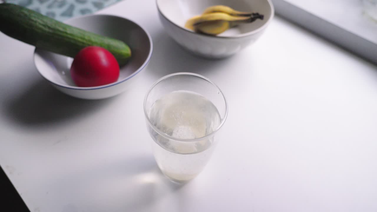 한 사람 이 탄산 비타민 태블릿 을 던지는 물 한 잔 의  ⁇   ⁇