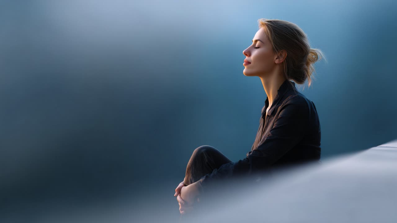Um Momento Tranquilo de Contemplação: Uma Jovem Meditando sob uma Luz Natural Serena, Experimentando Paz e Atenção Plena em Meio a Desfoques Suaves no Plano de Fundo