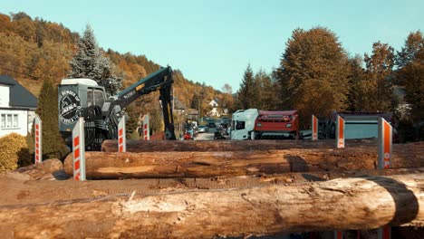 Holzkran-Lädt-Baumstämme-Auf-Holzlastwagen