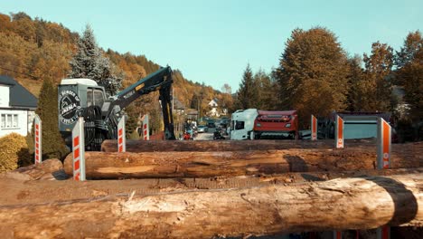 grúa de madera cargando troncos de árboles en camiones de madera