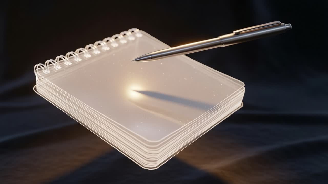 A Floating Stack of Clear Spiral Notebooks and a Sleek Pen Illuminated by Soft Light, Capturing the Essence of Creativity and Inspiration in Minimalist Design