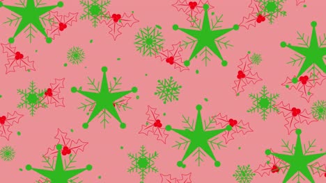 Animation-of-christmas-holy-pattern-over-falling-stars-on-pink-background