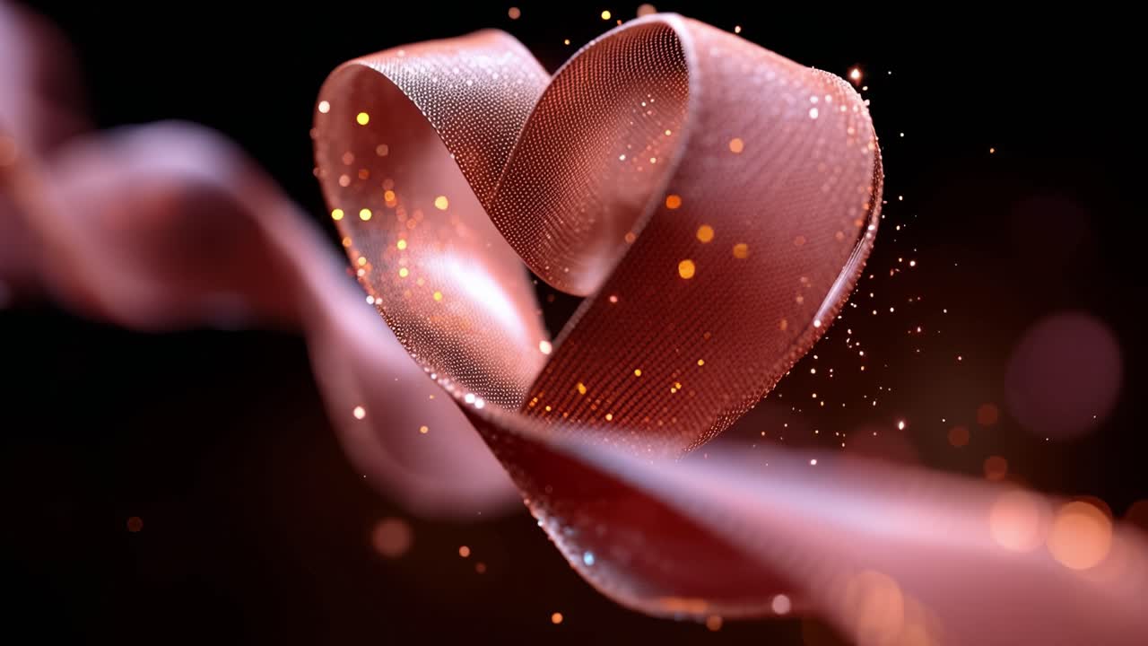 Un nastro si attorciglia a forma di cuore, brillando di calore. Scintille dorate danzano intorno alle sue curve, catturando la luce. L'oscurità incornicia l'emozione, esaltandone il tenue bagliore. Nessuna persona, nessun animale, nessuna pianta visibile