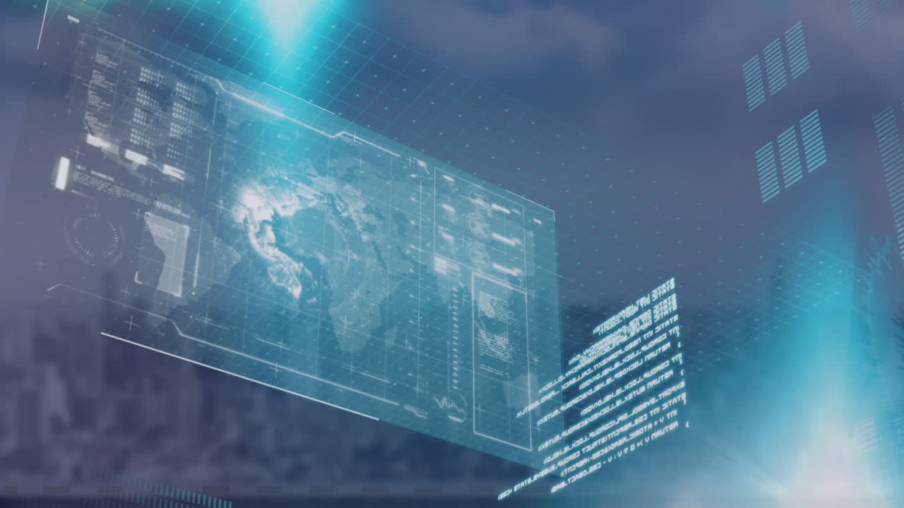 Animation of interface with data processing and blue light spot against aerial view of cityscape