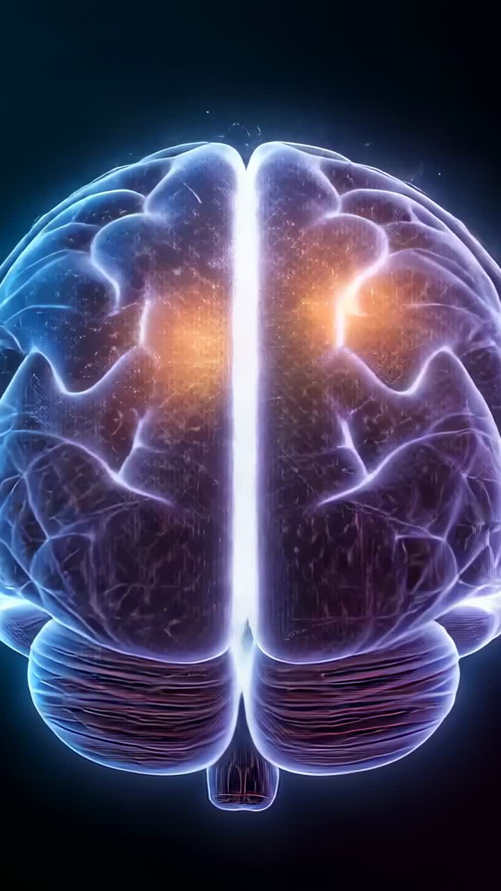 Video verticale: rendering in 3D di un cervello che ruota, rivelando la rete neurale nel vuoto, con impulsi arancioni