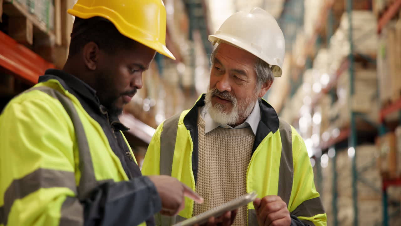 Warehouse workers using tablet for inventory management