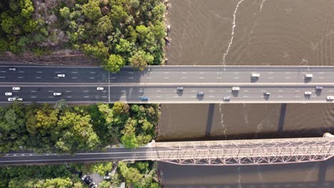 time-lapse aerial drone shot of hawkesbury river bridge with cars and m1 motorway brooklyn hornsby sydney nsw australia 3840x2160 4k