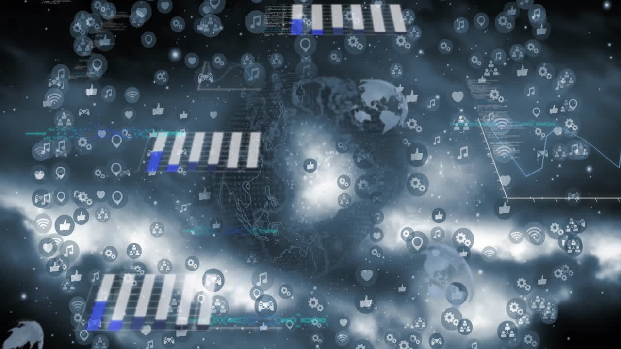 Digital icons and data processing animation over globe and cloud background