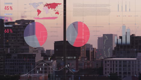 financial data visualization animation over cityscape with charts and graphs