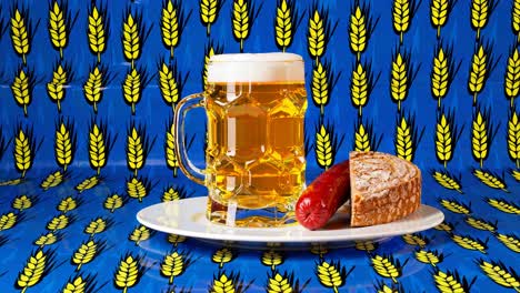 beer and sausage on a plate with wheat pattern