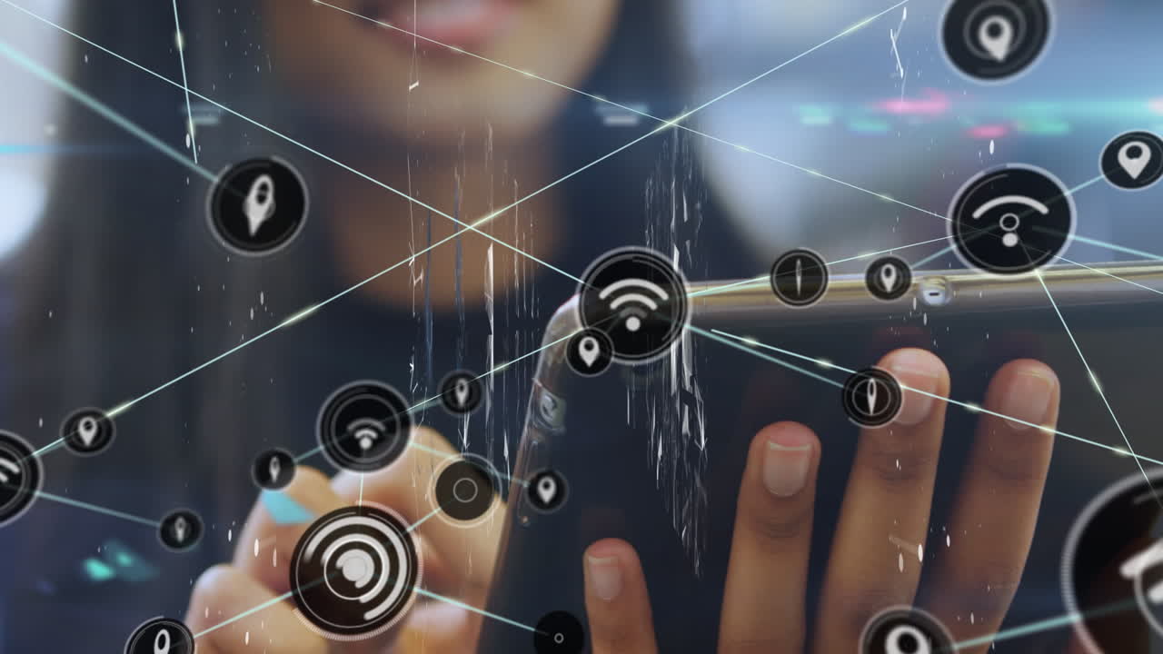 animación de la red de conexiones a través de mujeres de negocios biraciales que usan teléfonos inteligentes