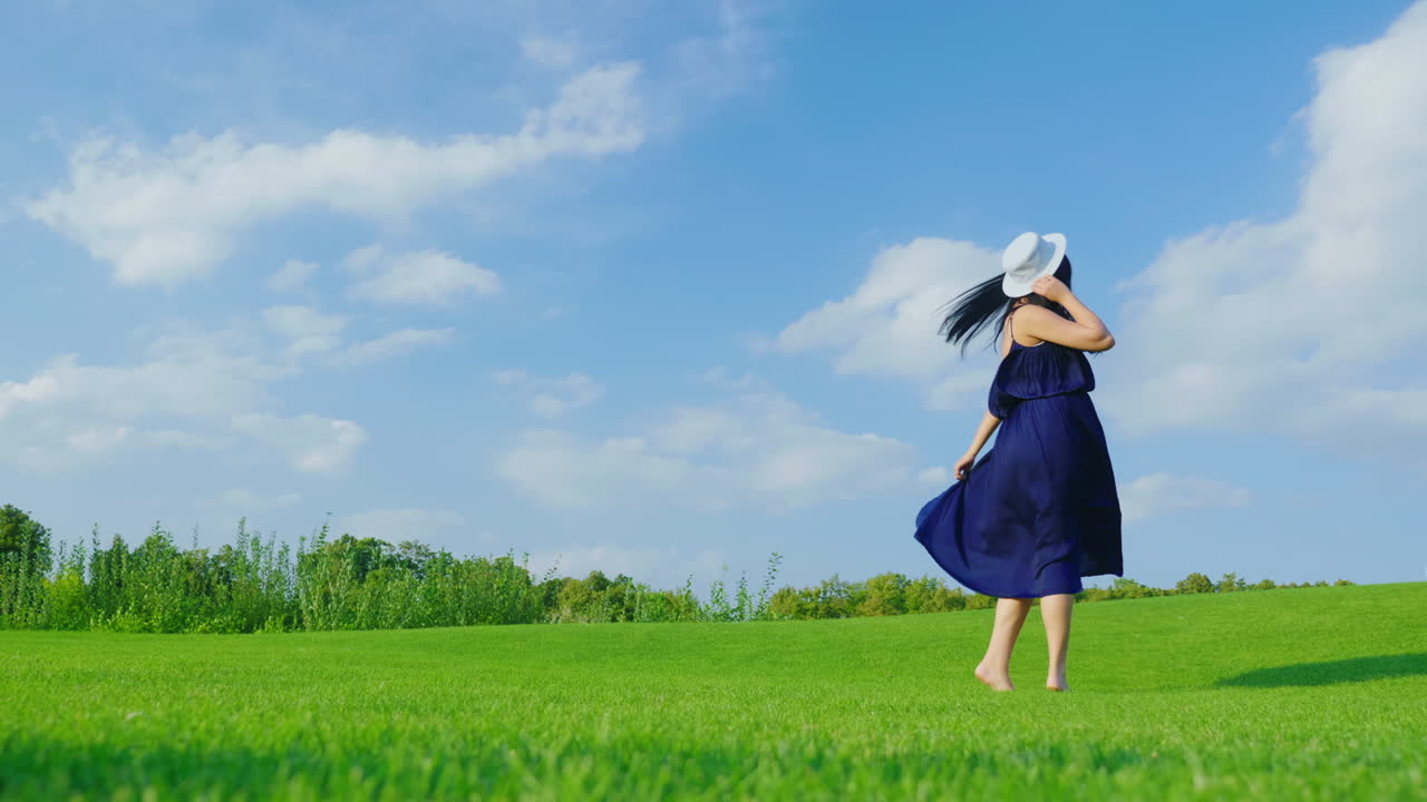 가벼운 드레스를 입은 세련된 임산부가 카메라 2를 지나 푸른 초원을 따라 평온하게 걷는다 2