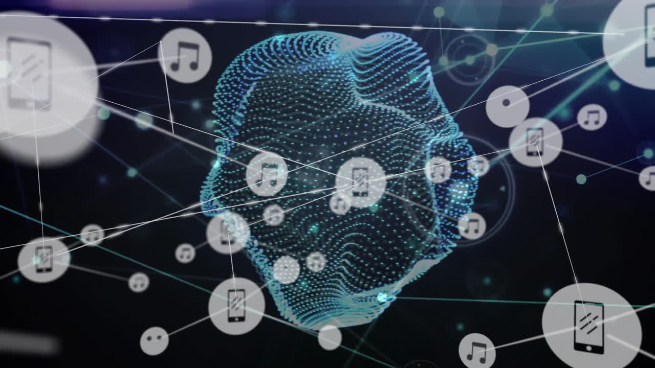 Animation of network of connections with icons over moving shape on black background