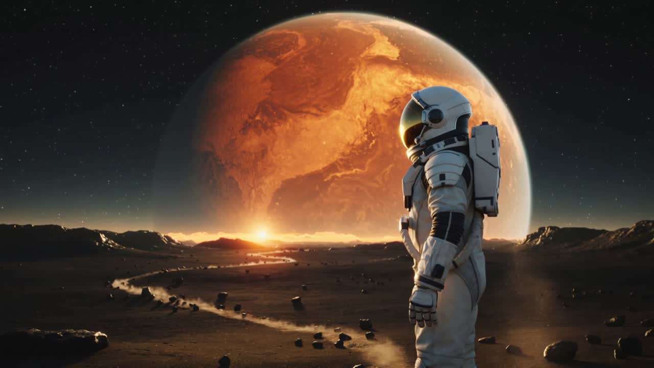 Morgengryets skær oplyser astronaut i hvid dragt med rygsæk, der scanner slette mod orange planet, plads til tekst