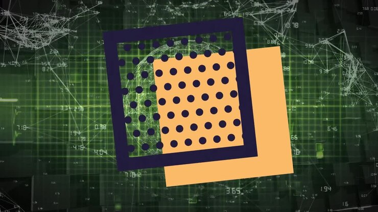 Animation of squares over heart rate and connections on green background