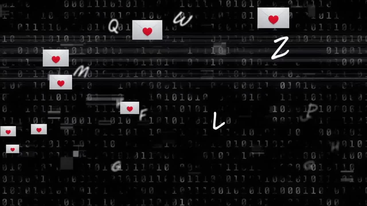 Heart over multiple message icons and and letters floating over binary coding on black background