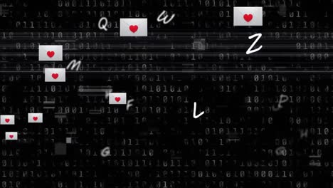 Heart-over-multiple-message-icons-and-and-letters-floating-over-binary-coding-on-black-background