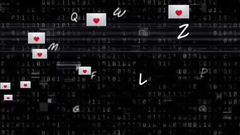 corazón sobre múltiples iconos de mensaje y y letras flotando sobre codificación binaria en fondo negro