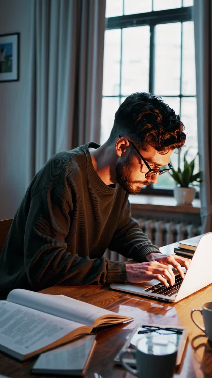 A man working on a laptop at a wooden table, surrounded by books and coffee cups