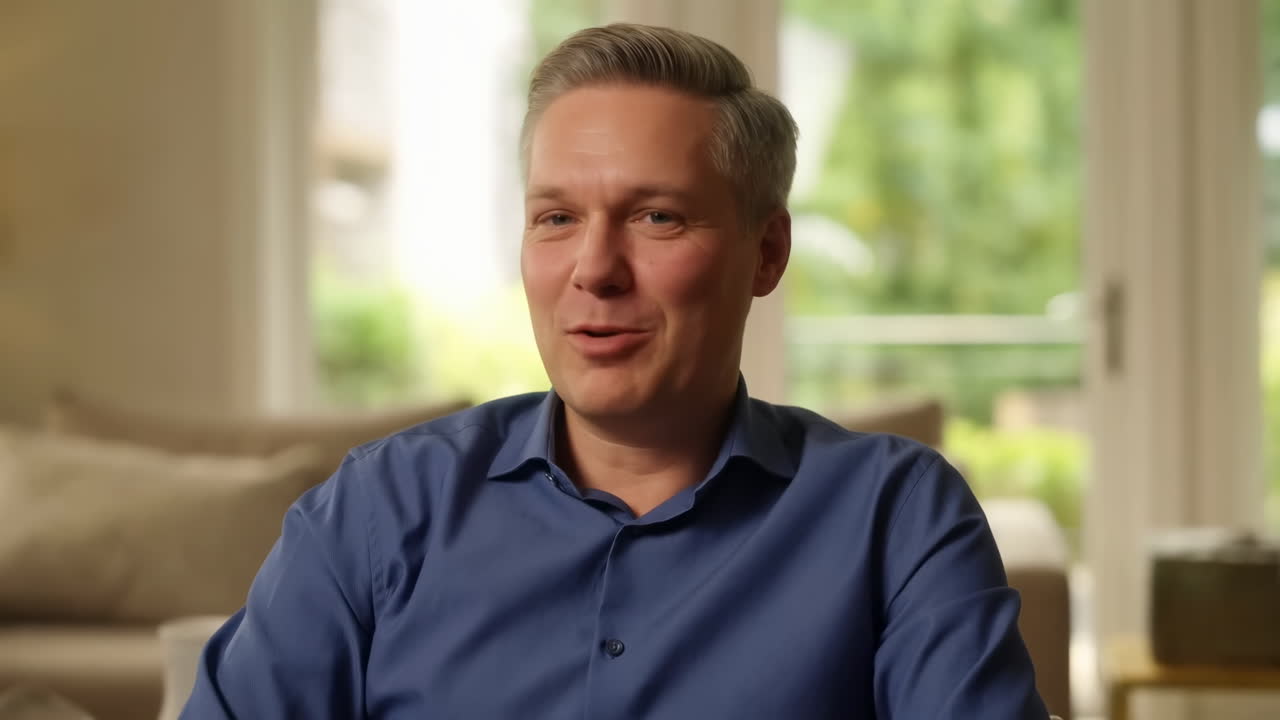 Uomo d'affari bianco sorridente che parla in un'intervista, uomo di mezza età in camicia blu seduto su un divano accanto a una finestra illuminata dal sole