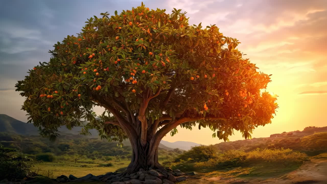 Fruit Tree on a Hill at Sunset