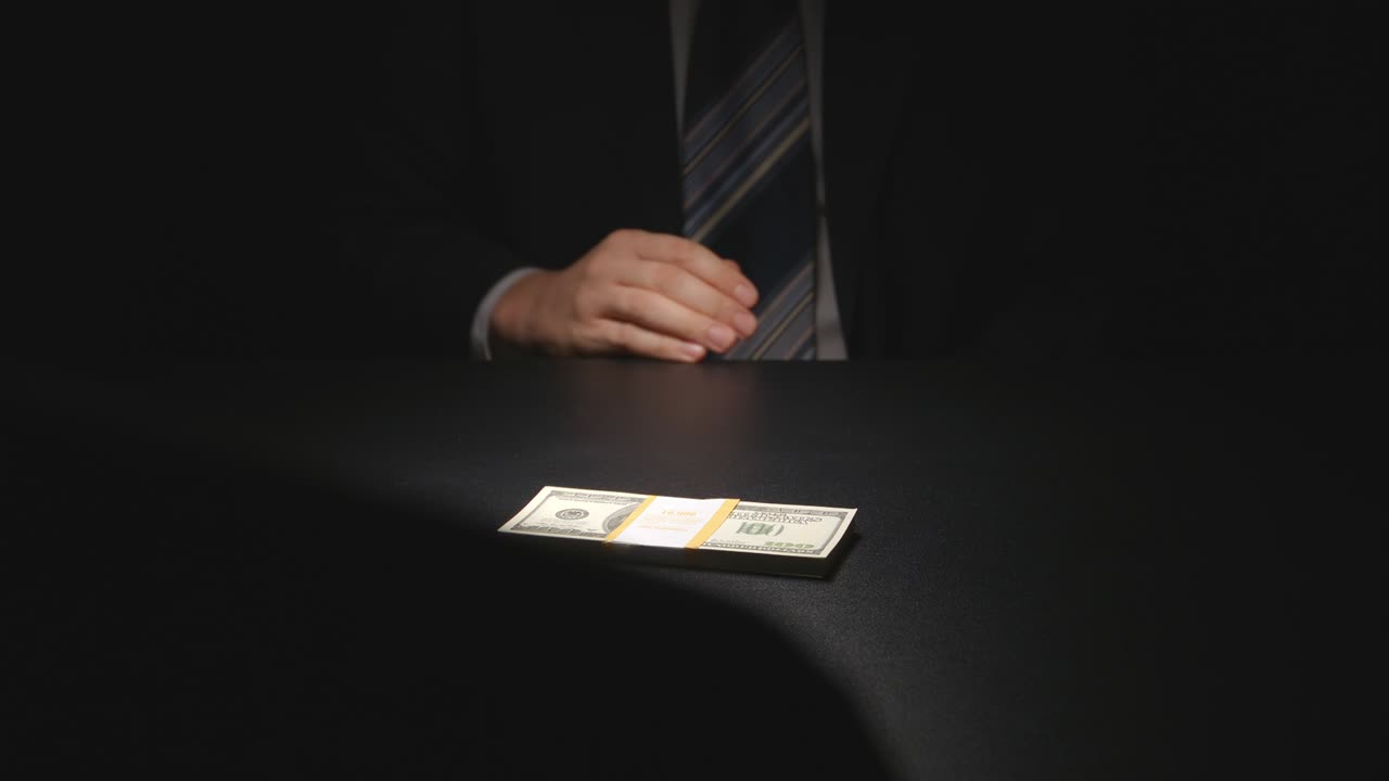 Bestikkelse: Forretningsmand tager forsigtigt en pakke penge frem under bordet - to personer (amerikanske dollars)