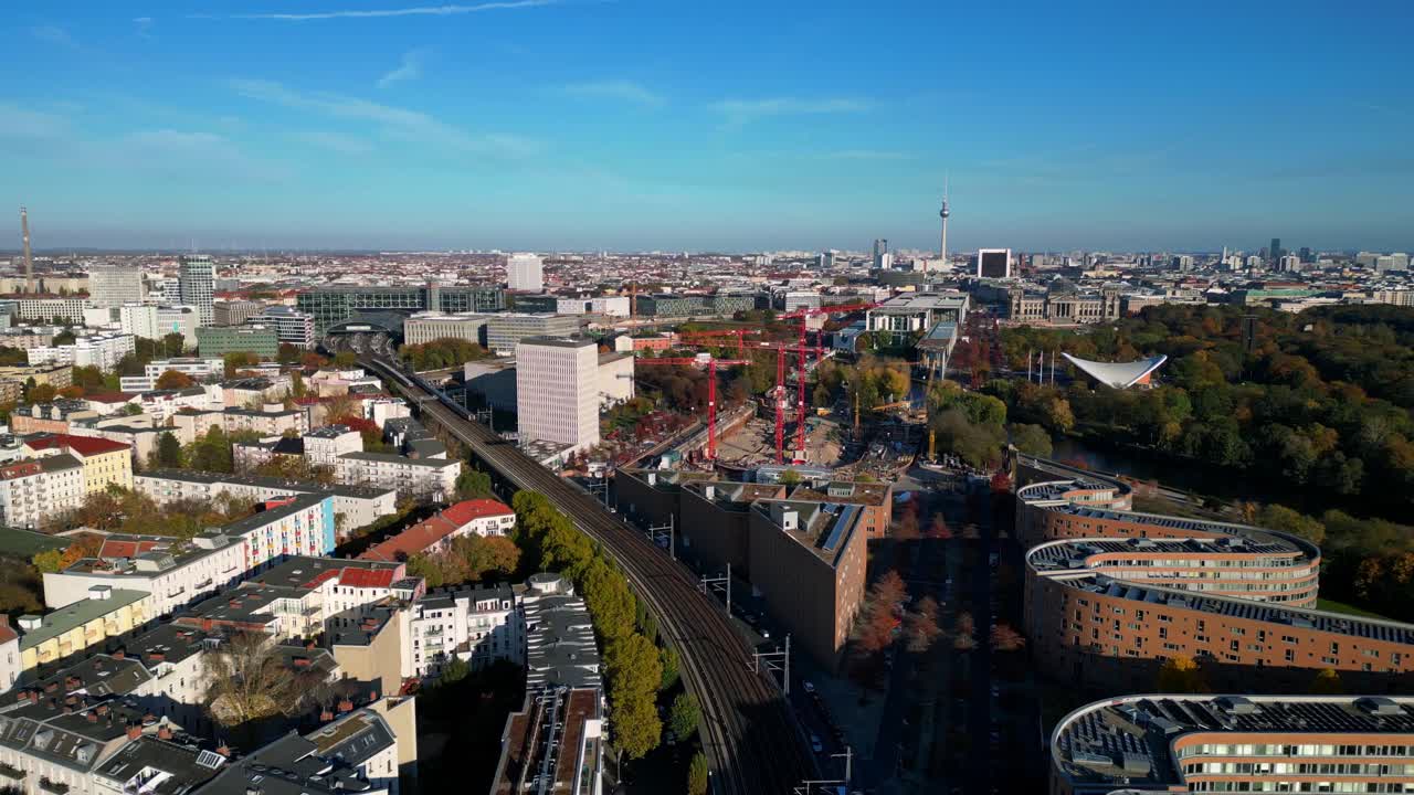 Aerial View of Berlin Cityscape with Construction and Railway