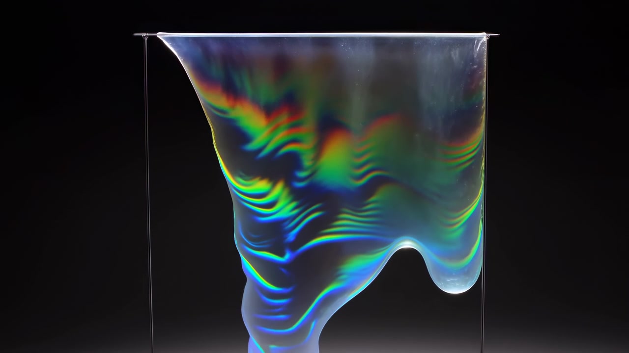 Large iridescent soap membrane suspended between slender vertical supports and top rod, showing pronounced downward sag, rounded lower droplet, right-side bulge, translucent sheen and rainbow