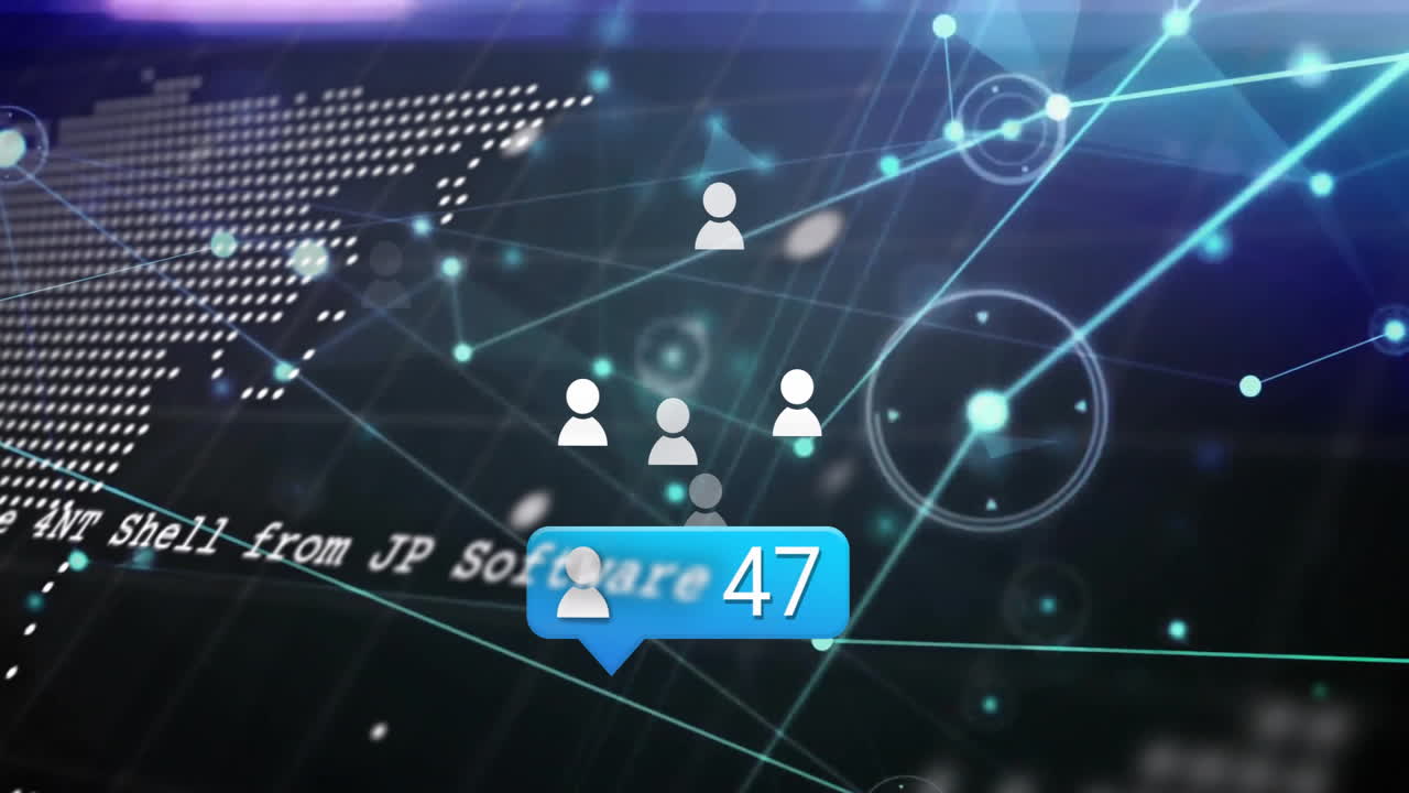 디지털 세계 지도 및 사용자 아이콘을 통해 데이터 처리 및 네트워크 연결 애니메이션