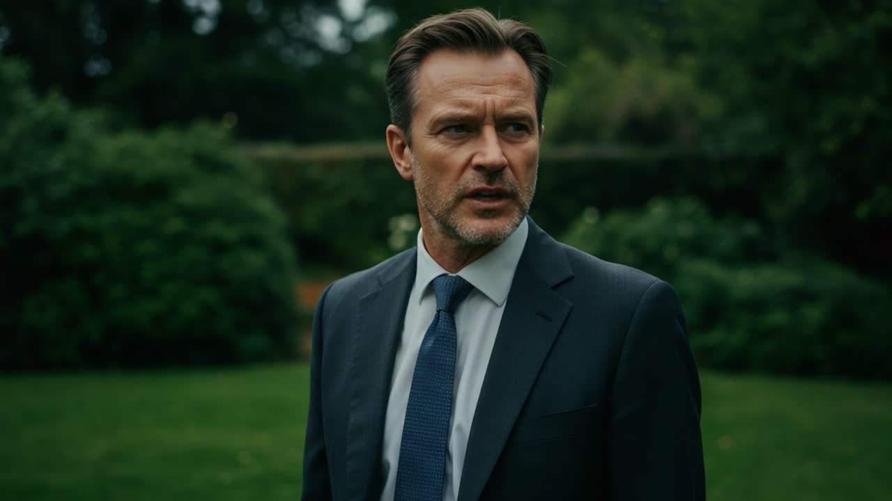 Intense Dramatic Moment: A Man in Formal Attire Appears Thoughtful and Resolute While Standing in a Lush Green Garden, Capturing Emotion and Depth in a Quiet Scene