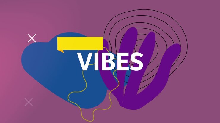 Digital animation of vibes text against abstract colorful shapes on purple background