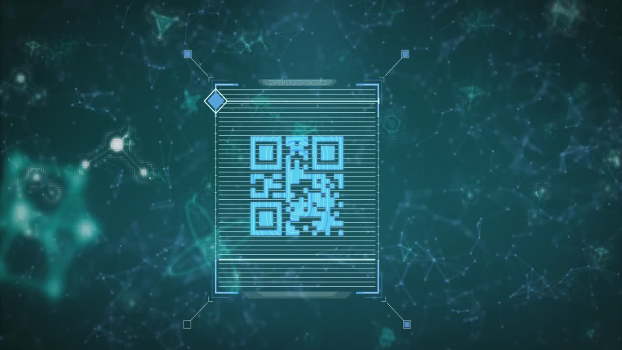 Animation of scanner processing blue qr code over communication networks on dark background