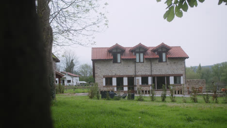 Beautiful-general-shot-with-term-of-a-tree-of-an-old-horror-house-in-a-lonely-village-or-estate-in-the-cloudy-afternoon